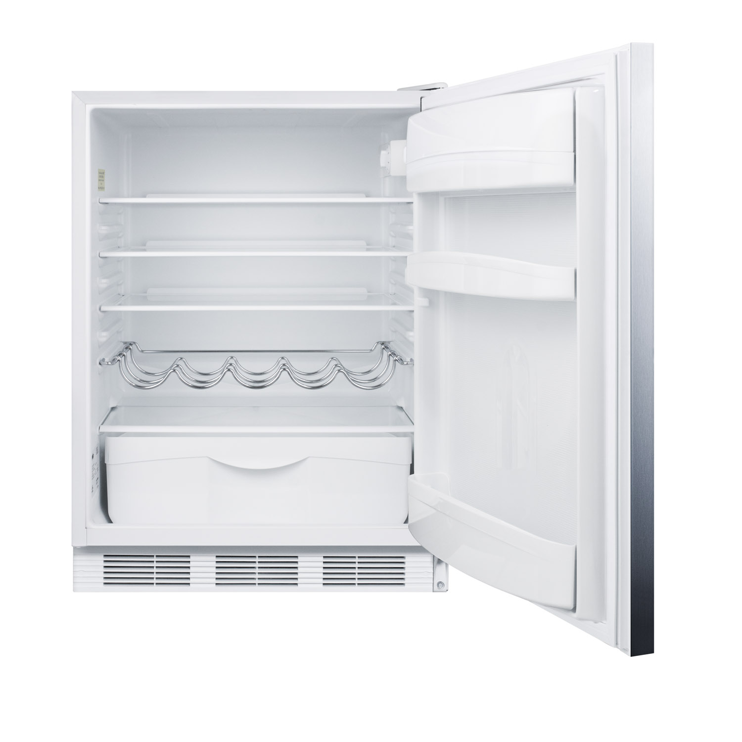 Built-in undercounter all-refrigerator for residential use, auto defrost with a stainless steel wrapped door, horizontal handle, and white cabinet